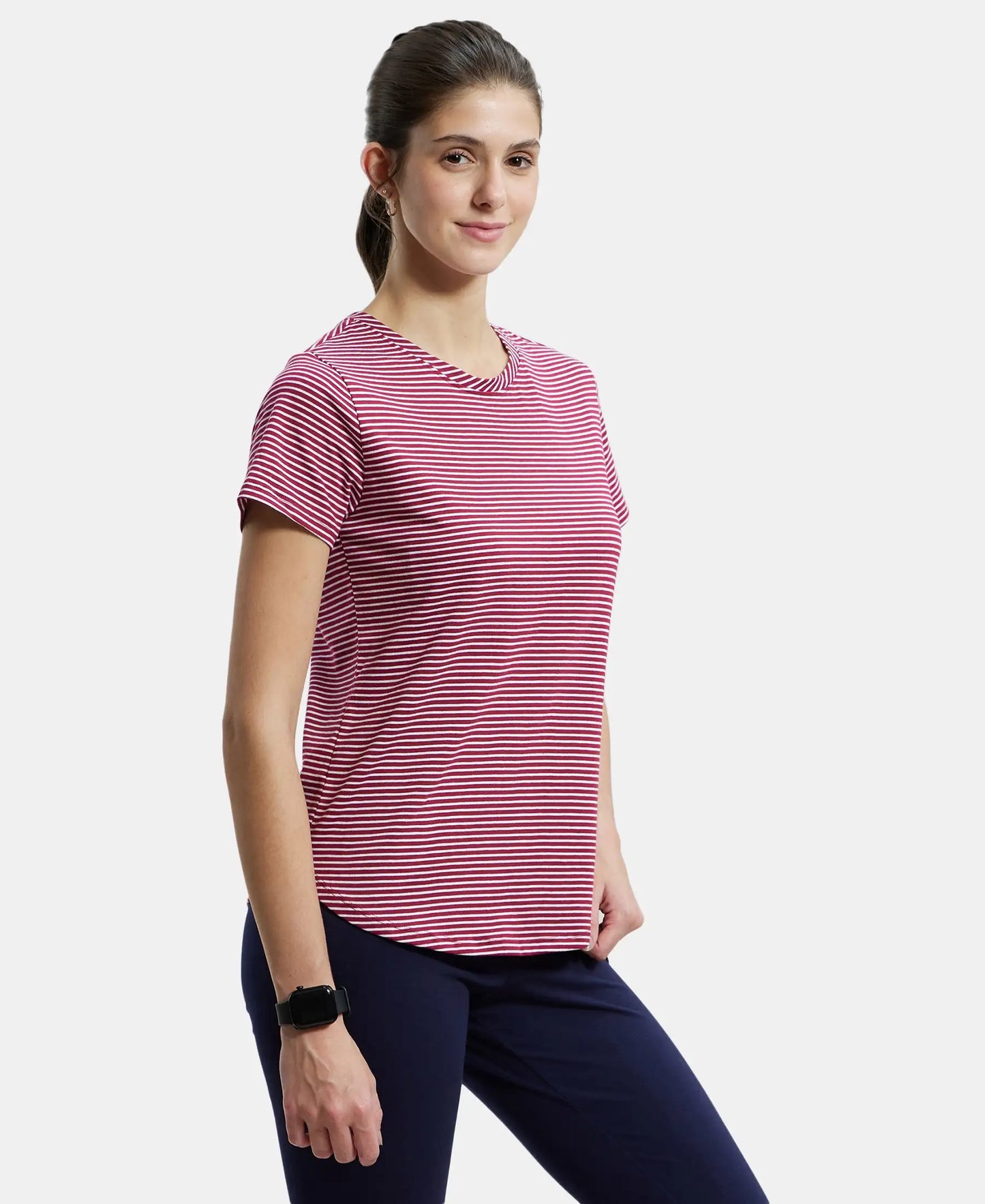 Super Combed Cotton Stripe Fabric Relaxed Fit Round Neck Half Sleeve T-Shirt with Curved Hem Styling - Red Plum-2