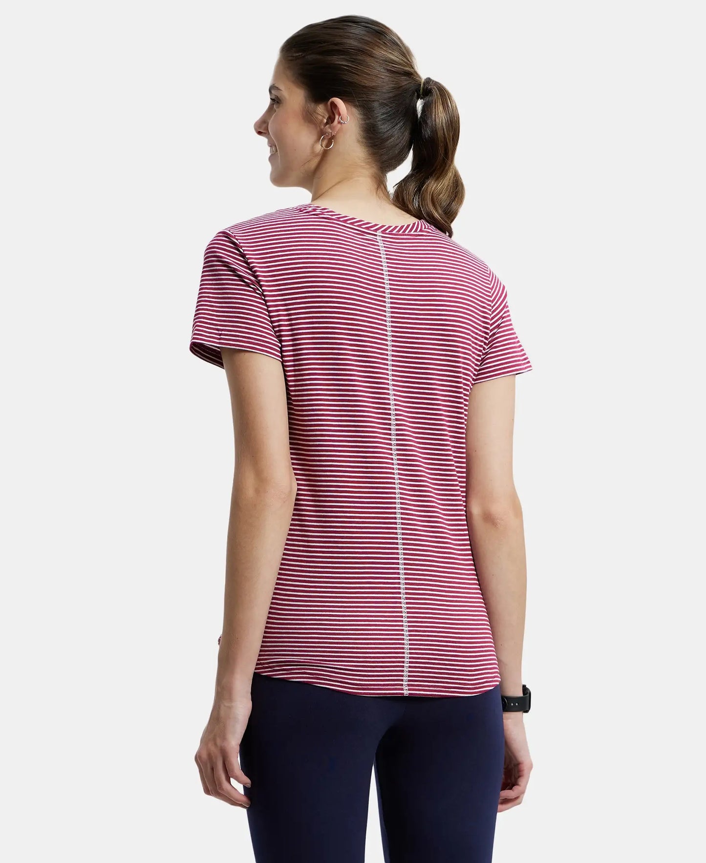Super Combed Cotton Stripe Fabric Relaxed Fit Round Neck Half Sleeve T-Shirt with Curved Hem Styling - Red Plum-3