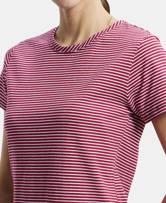Super Combed Cotton Stripe Fabric Relaxed Fit Round Neck Half Sleeve T-Shirt with Curved Hem Styling - Red Plum-6