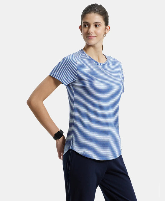 Super Combed Cotton Stripe Fabric Relaxed Fit Round Neck Half Sleeve T-Shirt with Curved Hem Styling - Topaz Blue-2