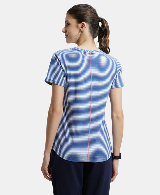 Super Combed Cotton Stripe Fabric Relaxed Fit Round Neck Half Sleeve T-Shirt with Curved Hem Styling - Topaz Blue-3