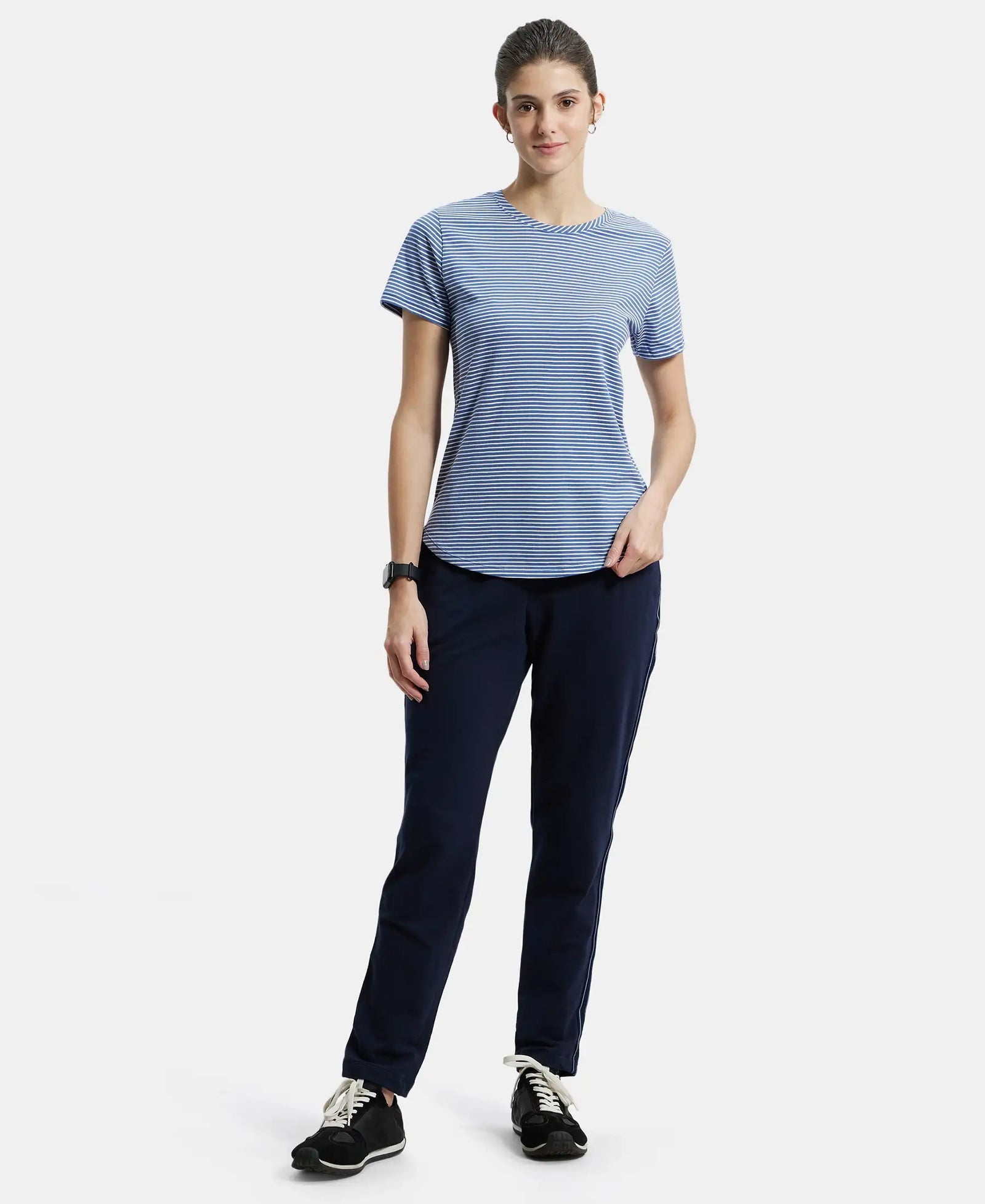 Super Combed Cotton Stripe Fabric Relaxed Fit Round Neck Half Sleeve T-Shirt with Curved Hem Styling - Topaz Blue-4