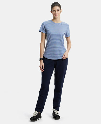 Super Combed Cotton Stripe Fabric Relaxed Fit Round Neck Half Sleeve T-Shirt with Curved Hem Styling - Topaz Blue-4