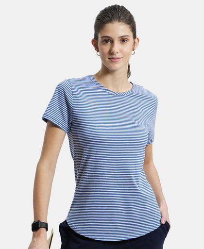 Super Combed Cotton Stripe Fabric Relaxed Fit Round Neck Half Sleeve T-Shirt with Curved Hem Styling - Topaz Blue-5