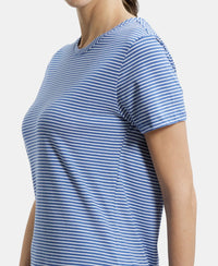Super Combed Cotton Stripe Fabric Relaxed Fit Round Neck Half Sleeve T-Shirt with Curved Hem Styling - Topaz Blue-6