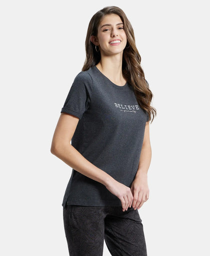Super Combed Cotton Rich Elastane Relaxed Fit Graphic Printed Round Neck Half Sleeve T-Shirt - Black Melange-2