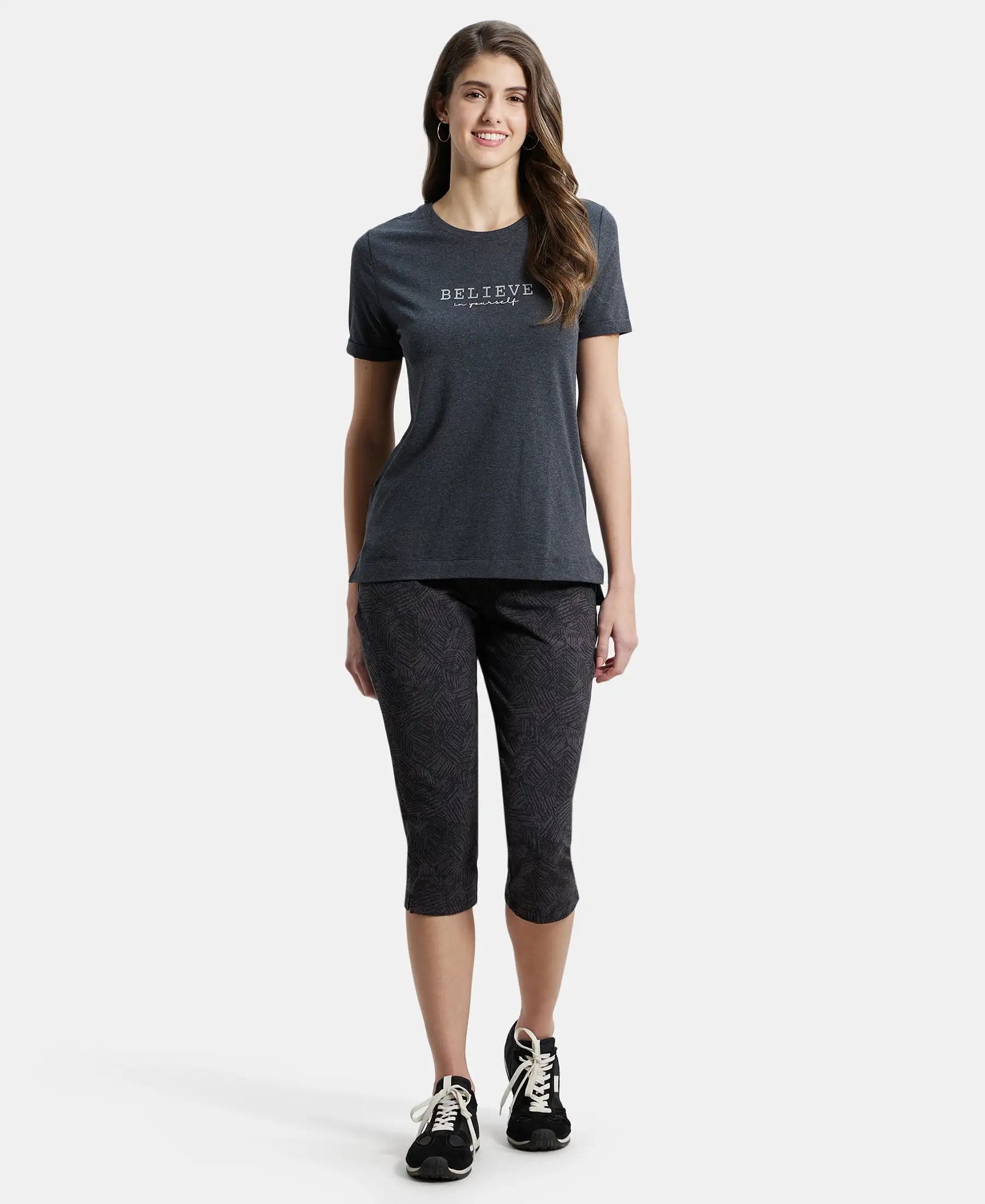 Super Combed Cotton Rich Elastane Relaxed Fit Graphic Printed Round Neck Half Sleeve T-Shirt - Black Melange-4