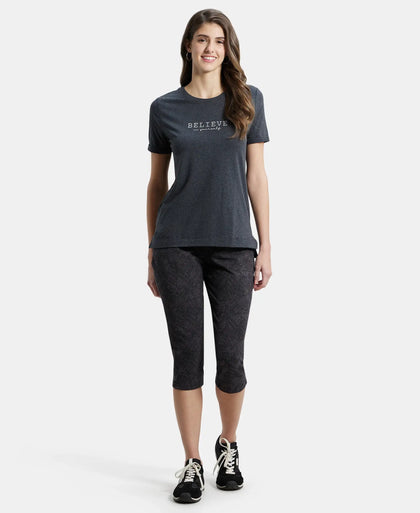 Super Combed Cotton Rich Elastane Relaxed Fit Graphic Printed Round Neck Half Sleeve T-Shirt - Black Melange-4