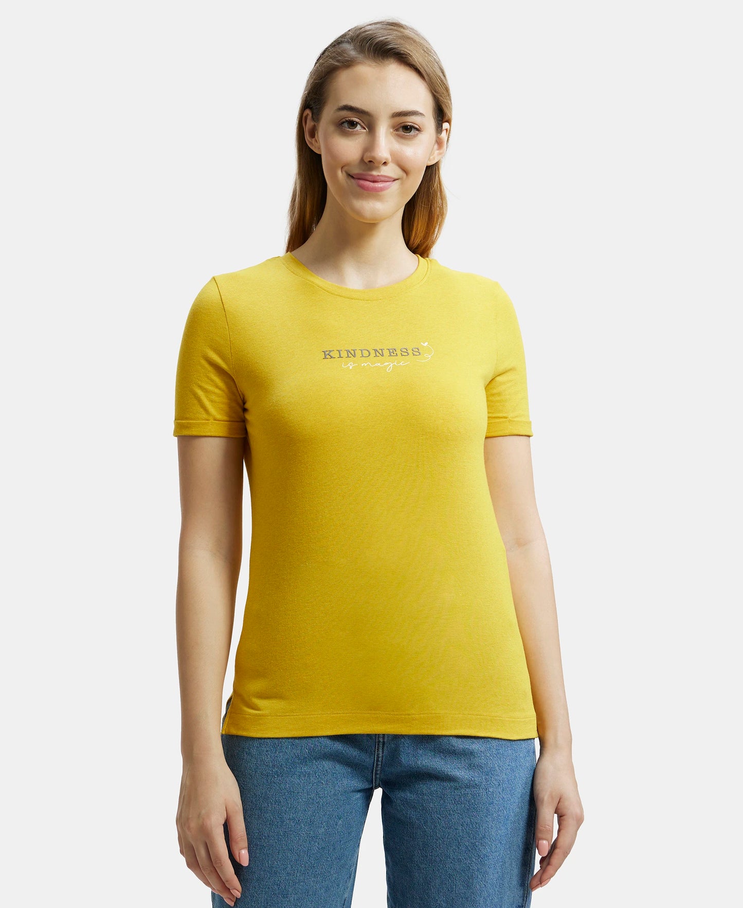 Super Combed Cotton Rich Elastane Relaxed Fit Graphic Printed Round Neck Half Sleeve T-Shirt - Golden Rod Melange-1