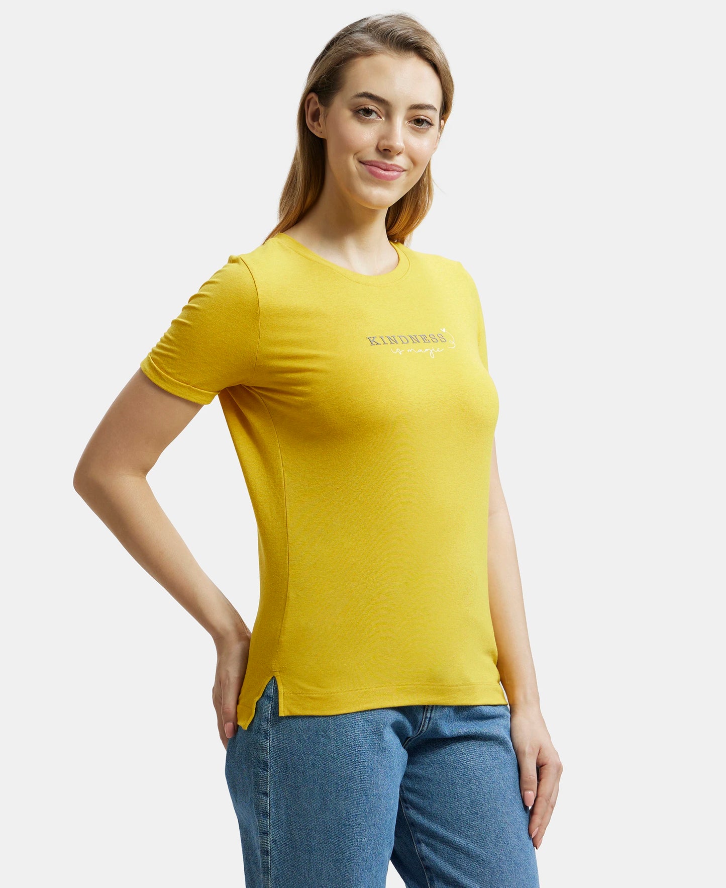 Super Combed Cotton Rich Elastane Relaxed Fit Graphic Printed Round Neck Half Sleeve T-Shirt - Golden Rod Melange-2