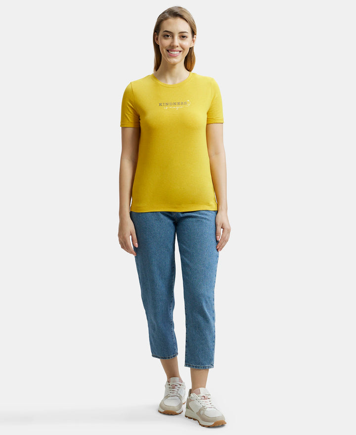 Super Combed Cotton Rich Elastane Relaxed Fit Graphic Printed Round Neck Half Sleeve T-Shirt - Golden Rod Melange-4