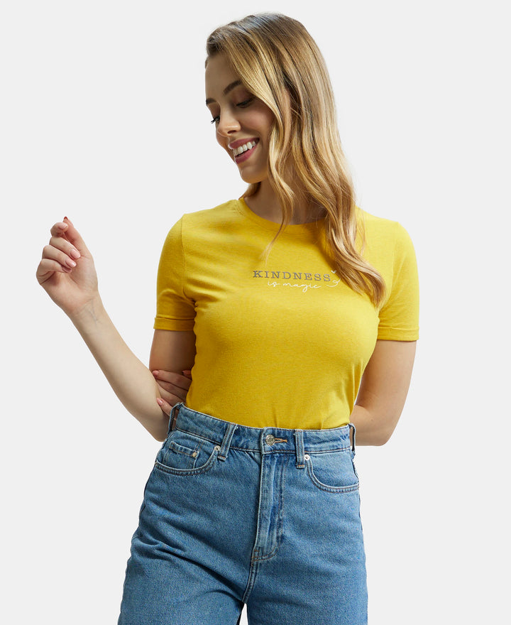 Super Combed Cotton Rich Elastane Relaxed Fit Graphic Printed Round Neck Half Sleeve T-Shirt - Golden Rod Melange-5
