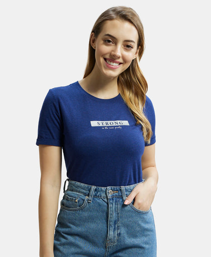 Super Combed Cotton Rich Elastane Relaxed Fit Graphic Printed Round Neck Half Sleeve T-Shirt - Imperial Blue Melange-5
