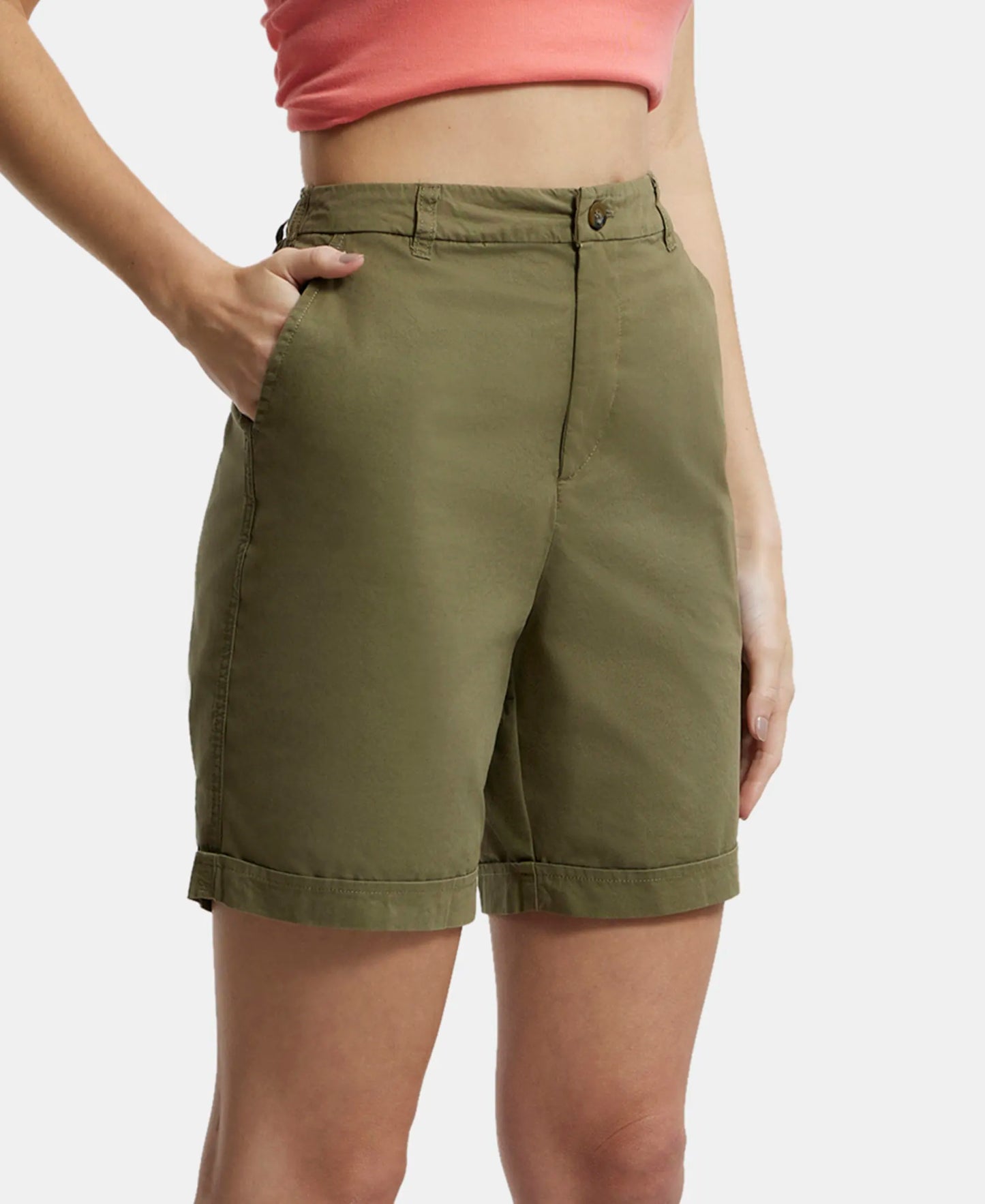 Super Combed Cotton Woven Twill Fabric Relaxed Fit Shorts with Convenient Side Pockets - Burnt Olive-2
