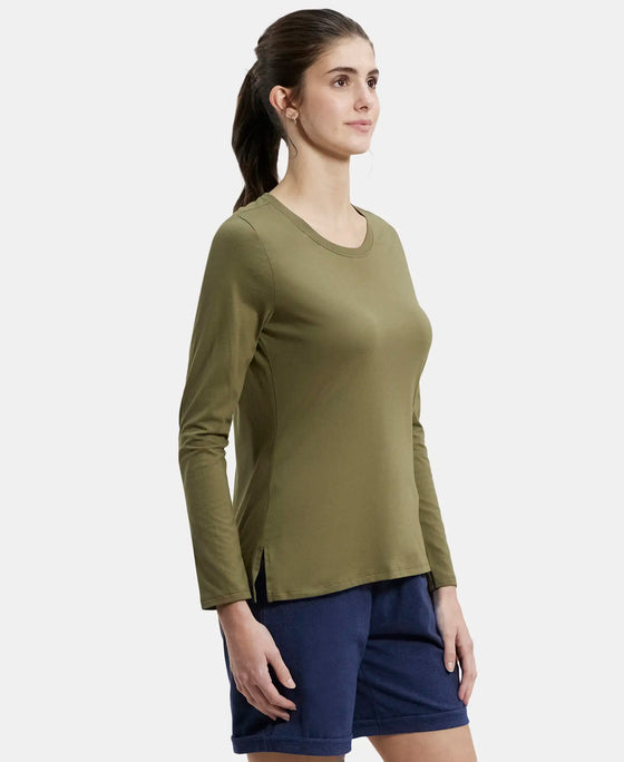 Super Combed Cotton Rich Relaxed Fit Solid Round Neck Full Sleeve T-Shirt - Burnt Olive-2