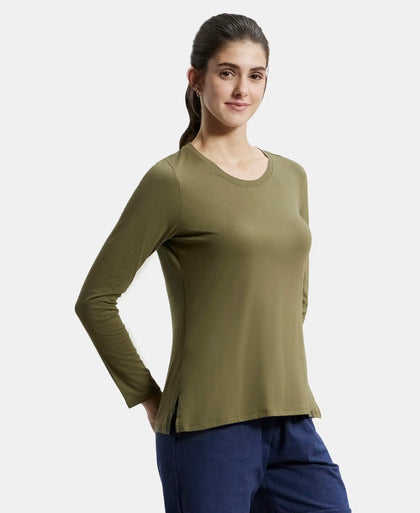 Super Combed Cotton Rich Relaxed Fit Solid Round Neck Full Sleeve T-Shirt - Burnt Olive-5