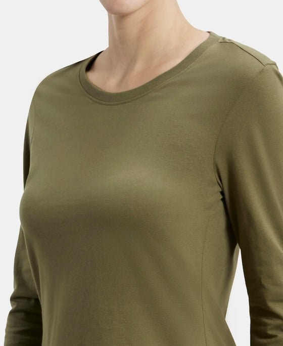 Super Combed Cotton Rich Relaxed Fit Solid Round Neck Full Sleeve T-Shirt - Burnt Olive-7