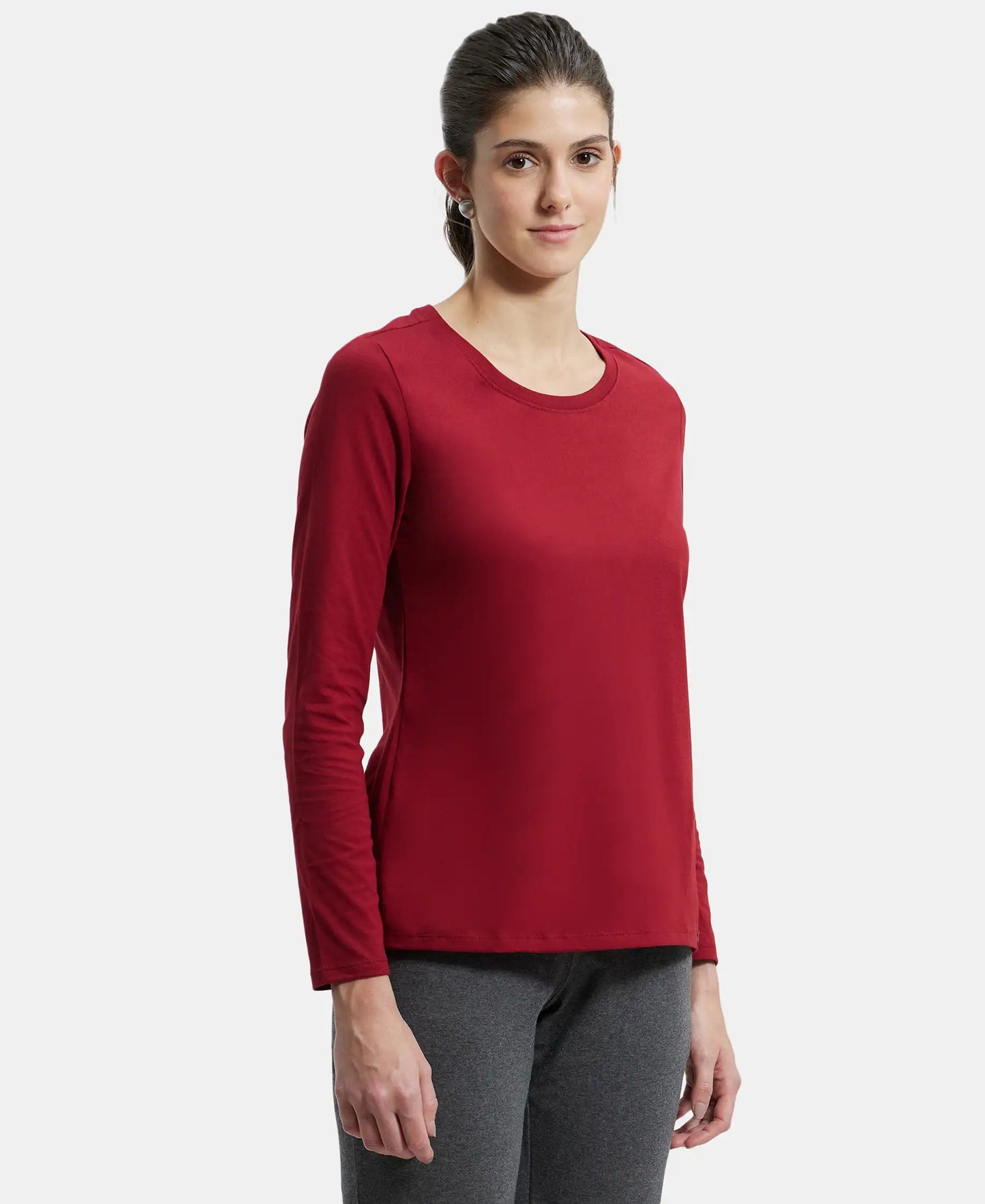 Super Combed Cotton Rich Relaxed Fit Solid Round Neck Full Sleeve T-Shirt - Rhubarb-2