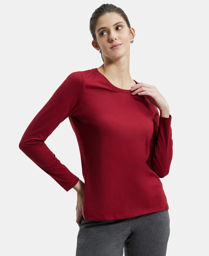 Super Combed Cotton Rich Relaxed Fit Solid Round Neck Full Sleeve T-Shirt - Rhubarb-5