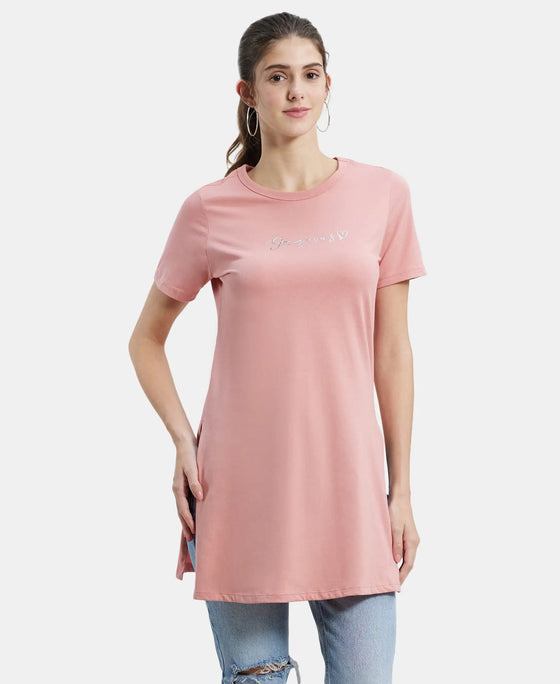 Super Combed Cotton Printed Fabric Relaxed Fit Long length T-Shirt With Side Slit - Brandied Apricot-1