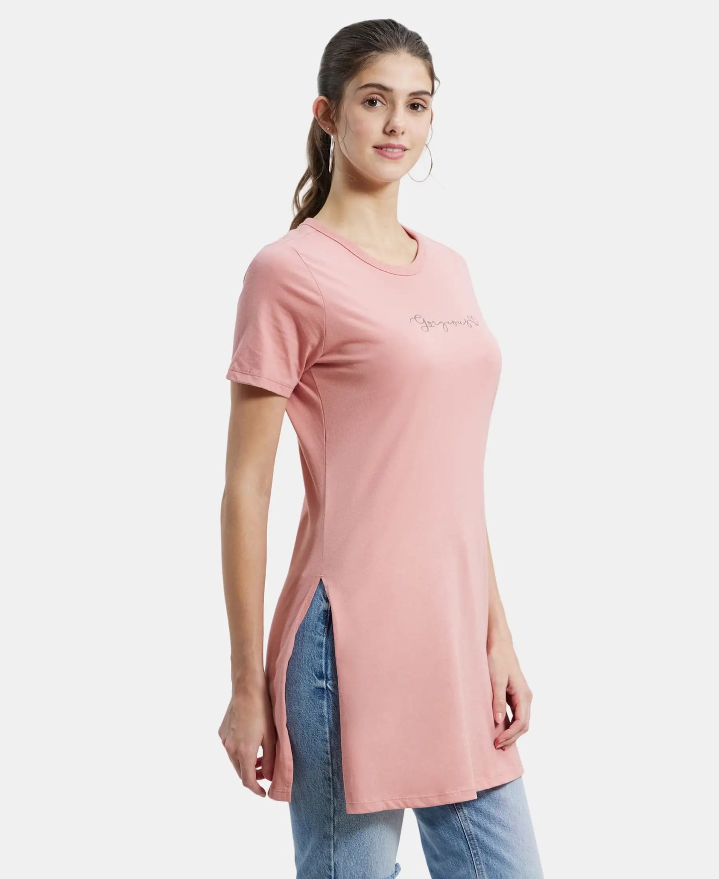 Super Combed Cotton Printed Fabric Relaxed Fit Long length T-Shirt With Side Slit - Brandied Apricot-2
