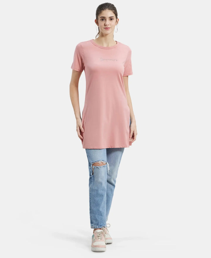 Super Combed Cotton Printed Fabric Relaxed Fit Long length T-Shirt With Side Slit - Brandied Apricot-4
