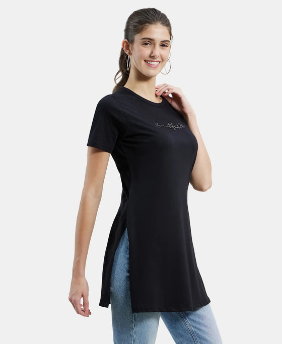 Super Combed Cotton Printed Fabric Relaxed Fit Long length T-Shirt With Side Slit - Black-2