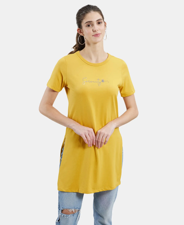 Super Combed Cotton Printed Fabric Relaxed Fit Long length T-Shirt With Side Slit - Golden Spice-1