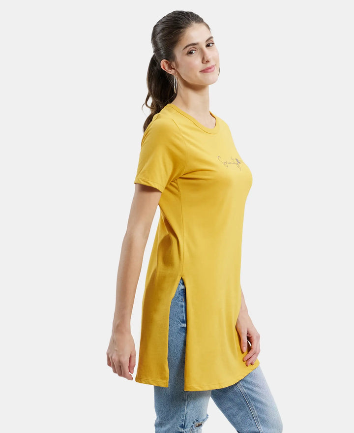 Super Combed Cotton Printed Fabric Relaxed Fit Long length T-Shirt With Side Slit - Golden Spice-2