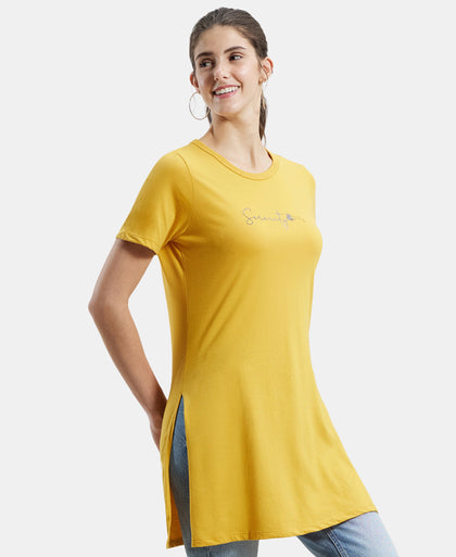 Super Combed Cotton Printed Fabric Relaxed Fit Long length T-Shirt With Side Slit - Golden Spice-5
