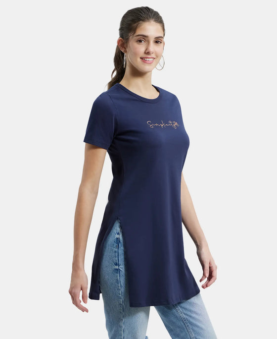 Super Combed Cotton Printed Fabric Relaxed Fit Long length T-Shirt With Side Slit - Navy Blazer-2
