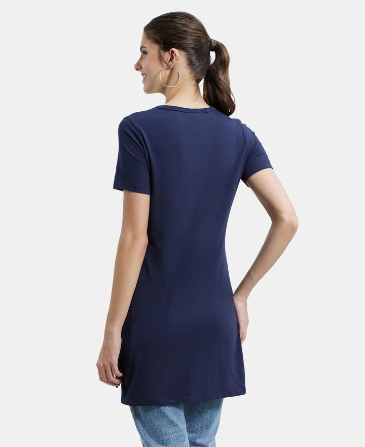 Super Combed Cotton Printed Fabric Relaxed Fit Long length T-Shirt With Side Slit - Navy Blazer-3