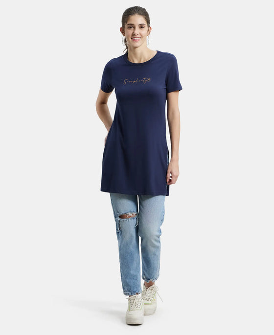 Super Combed Cotton Printed Fabric Relaxed Fit Long length T-Shirt With Side Slit - Navy Blazer-4
