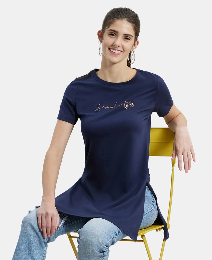 Super Combed Cotton Printed Fabric Relaxed Fit Long length T-Shirt With Side Slit - Navy Blazer-5