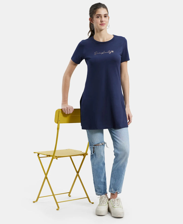 Super Combed Cotton Printed Fabric Relaxed Fit Long length T-Shirt With Side Slit - Navy Blazer-6