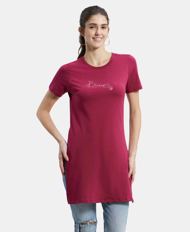 Super Combed Cotton Printed Fabric Relaxed Fit Long length T-Shirt With Side Slit - Red Plum-1