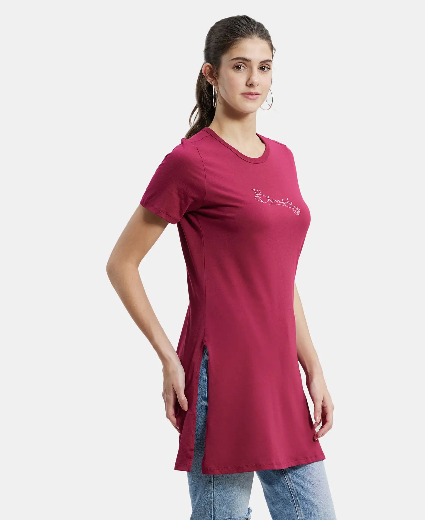 Super Combed Cotton Printed Fabric Relaxed Fit Long length T-Shirt With Side Slit - Red Plum-2