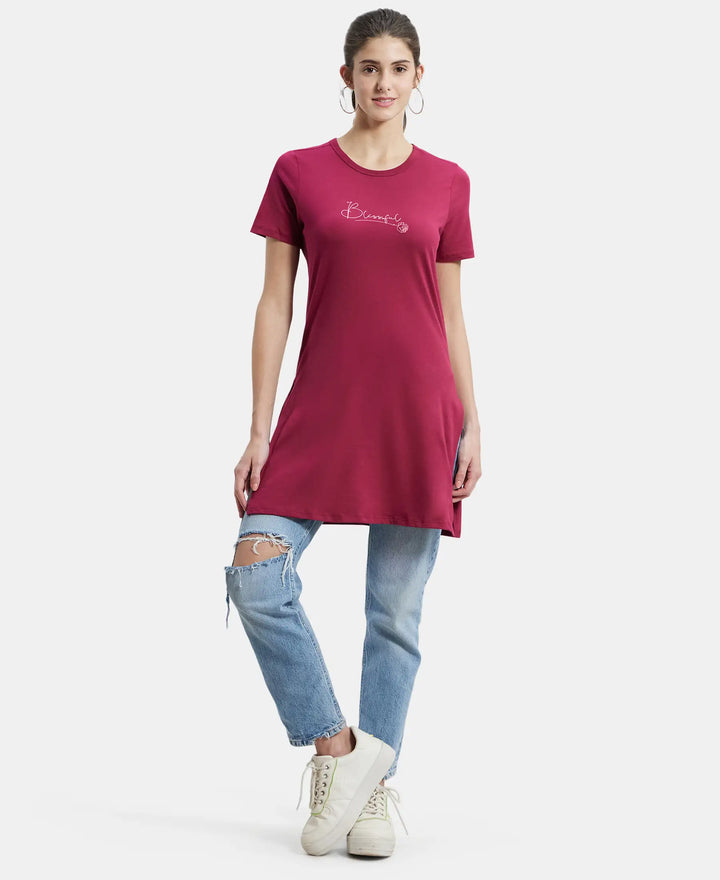 Super Combed Cotton Printed Fabric Relaxed Fit Long length T-Shirt With Side Slit - Red Plum-4