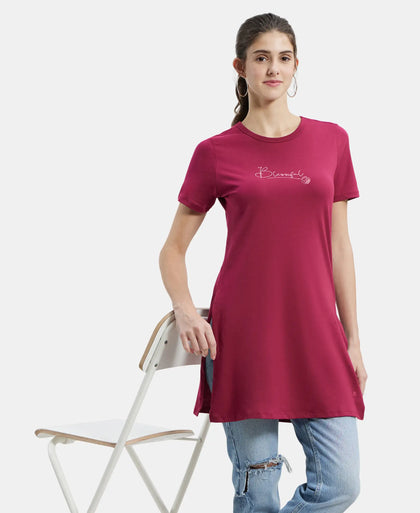 Super Combed Cotton Printed Fabric Relaxed Fit Long length T-Shirt With Side Slit - Red Plum-5