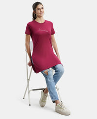 Super Combed Cotton Printed Fabric Relaxed Fit Long length T-Shirt With Side Slit - Red Plum-6