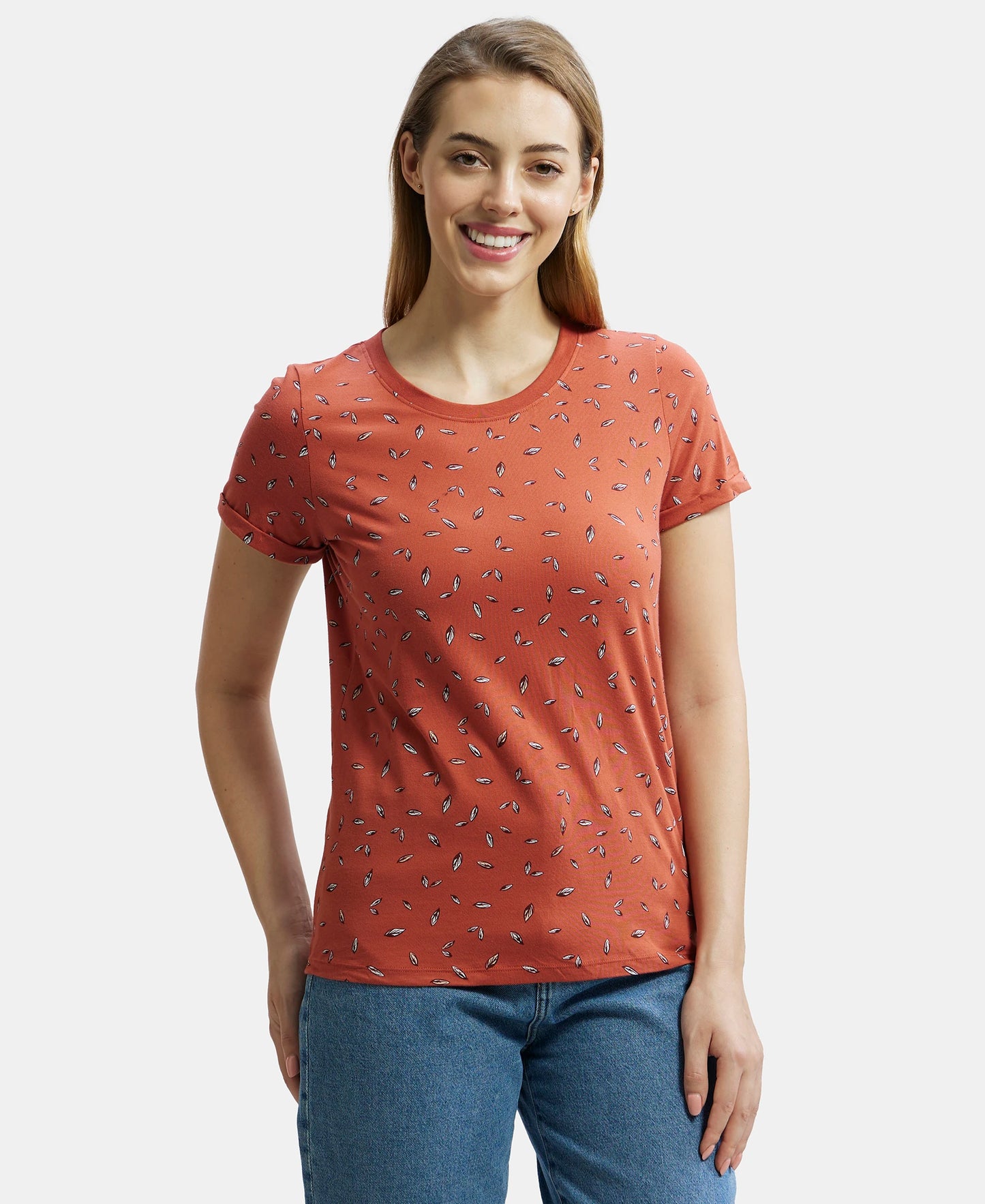 Super Combed Cotton Printed Fabric Relaxed Fit Half Sleeve T-Shirt  - Cinnabar-1