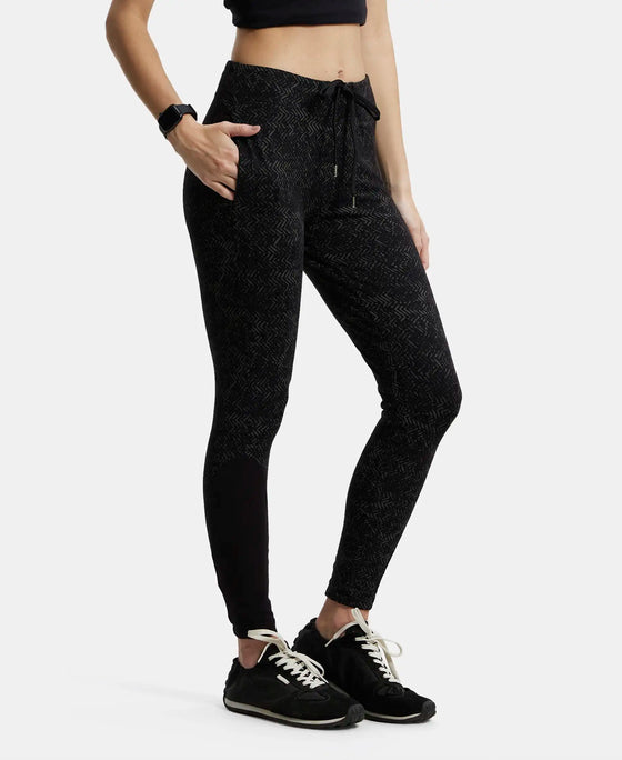 Super Combed Cotton Elastane Yoga Pants with Side Zipper Pocket - Black Printed-2