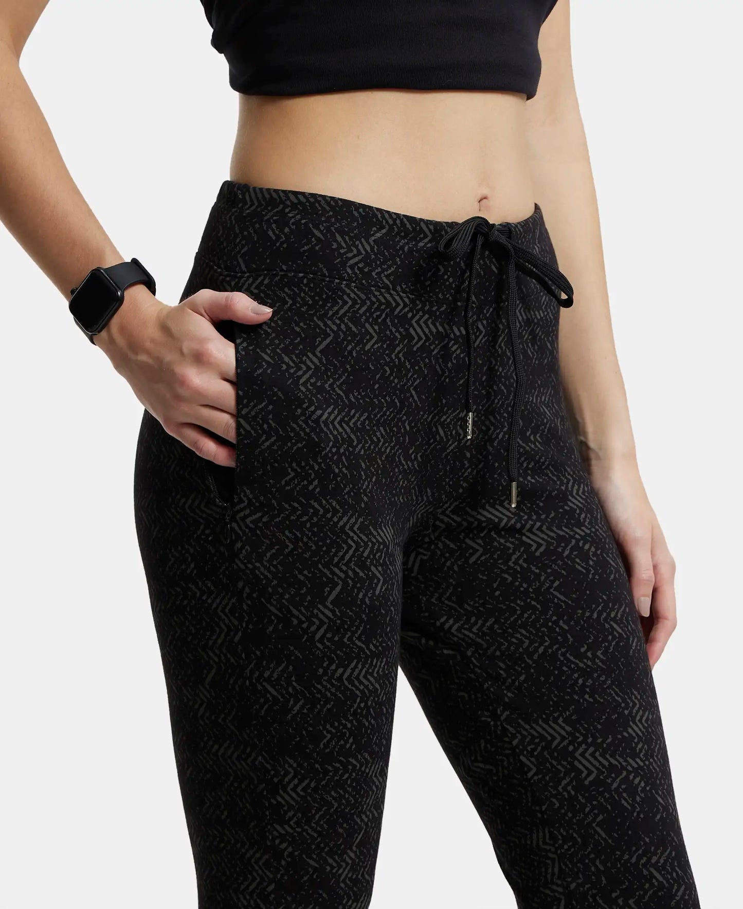 Super Combed Cotton Elastane Yoga Pants with Side Zipper Pocket - Black Printed-6
