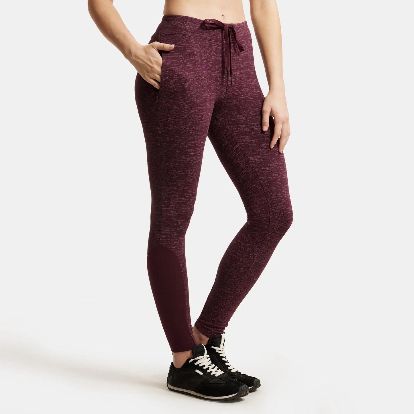 Super Combed Cotton Elastane Yoga Pants with Side Zipper Pocket - Winetasting Marl-2
