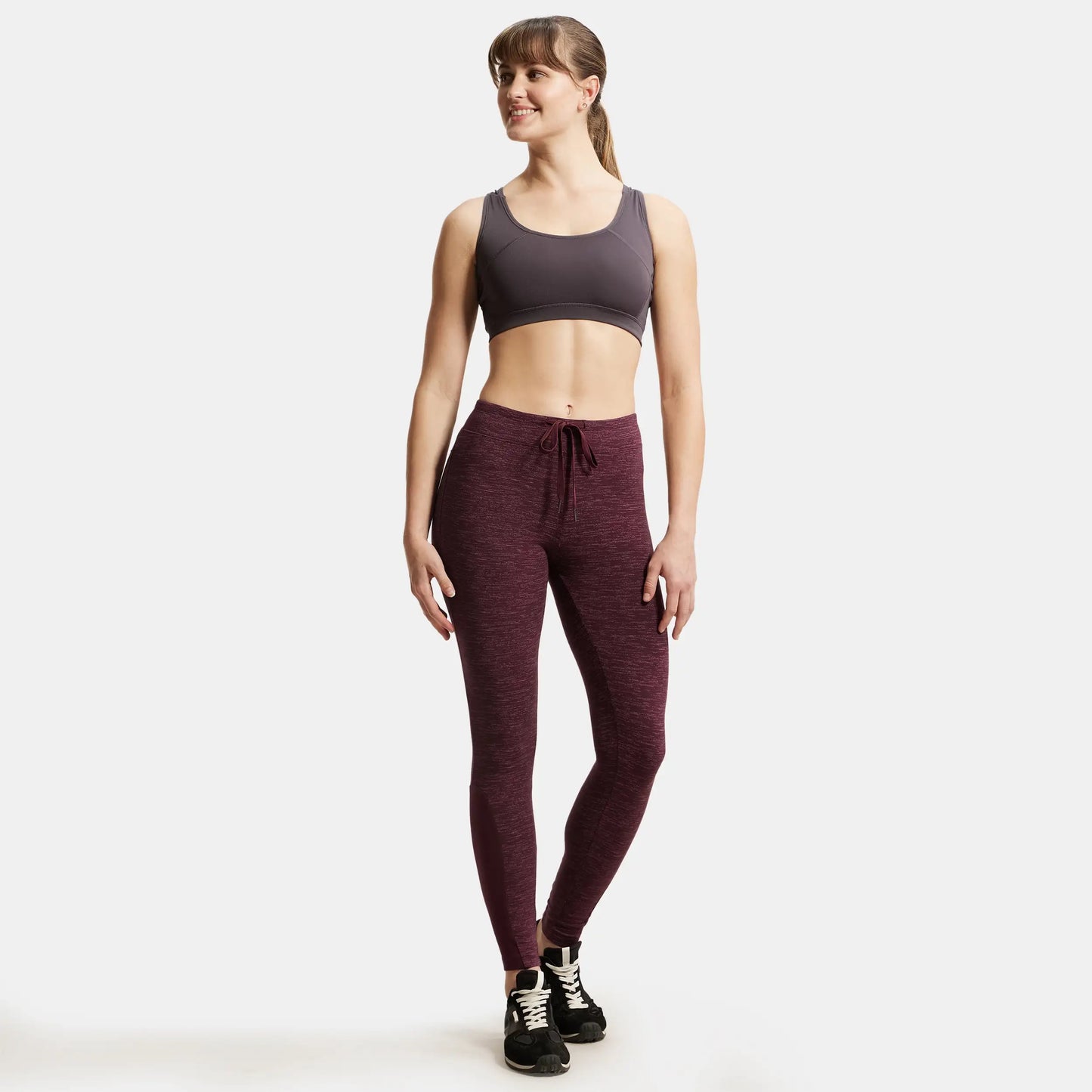 Super Combed Cotton Elastane Yoga Pants with Side Zipper Pocket - Winetasting Marl-4