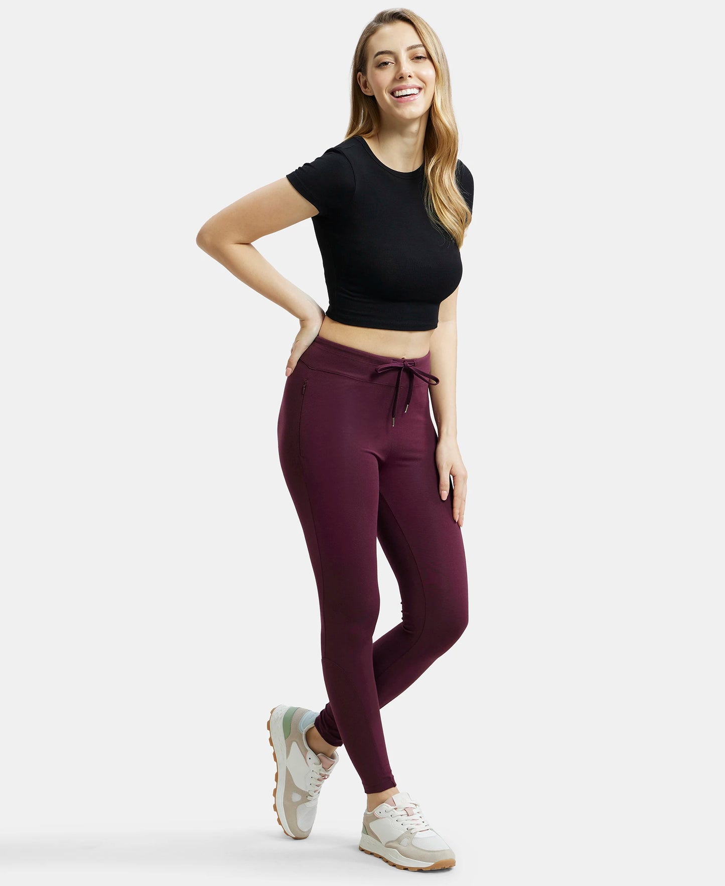 Super Combed Cotton Elastane Yoga Pants with Side Zipper Pocket - Wine Tasting-6