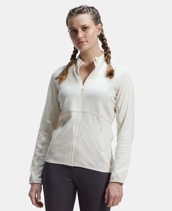 Polyester Cotton Interlock Slim Fit Full Zip High Neck Jacket with Convenient Zipper Pockets - Cream Melange-1