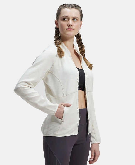 Polyester Cotton Interlock Slim Fit Full Zip High Neck Jacket with Convenient Zipper Pockets - Cream Melange-2