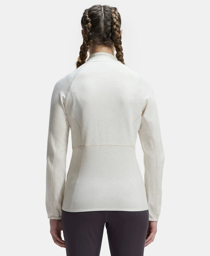 Polyester Cotton Interlock Slim Fit Full Zip High Neck Jacket with Convenient Zipper Pockets - Cream Melange-3