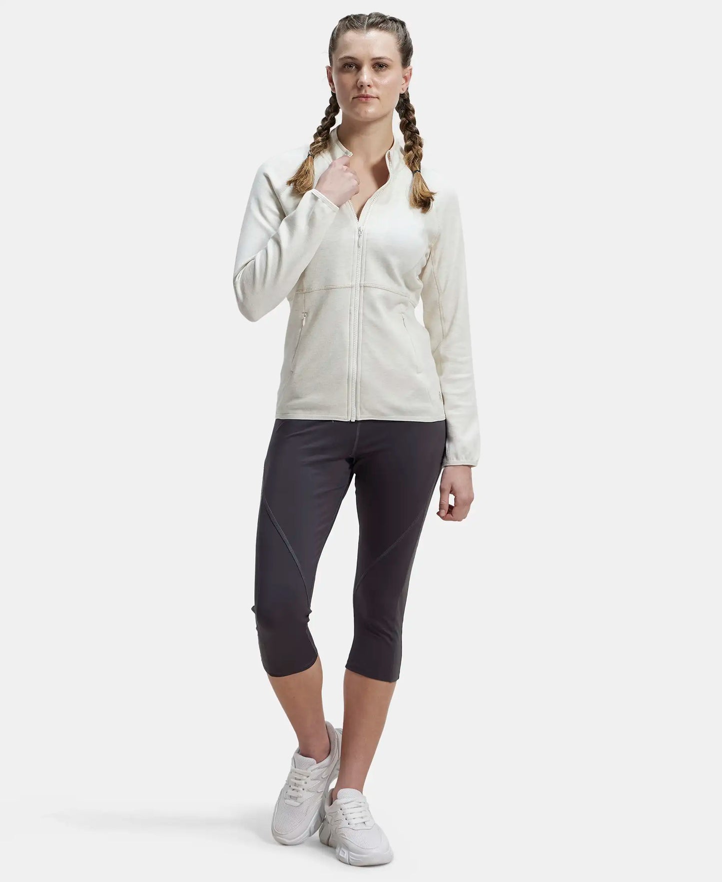 Polyester Cotton Interlock Slim Fit Full Zip High Neck Jacket with Convenient Zipper Pockets - Cream Melange-4